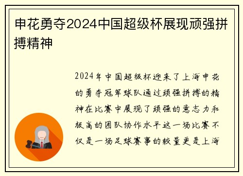 申花勇夺2024中国超级杯展现顽强拼搏精神